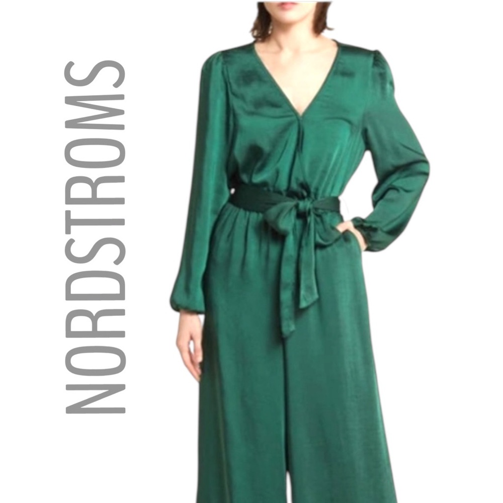 NORDSTROMS Green Satin Wide Leg Jumpsuit with long puff sleeves SZ SM